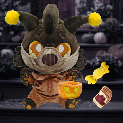 Dottie Death's-Head Plushpanion Dottie Death's-Head Plushpanion: An illustration of a brown mothy plush. The main illustration shows their Halloween outfit which includes an orange jumpsuit and a mouth covering mask. Their plush props include yellow candy, a chocolate bar and a jack-O-la