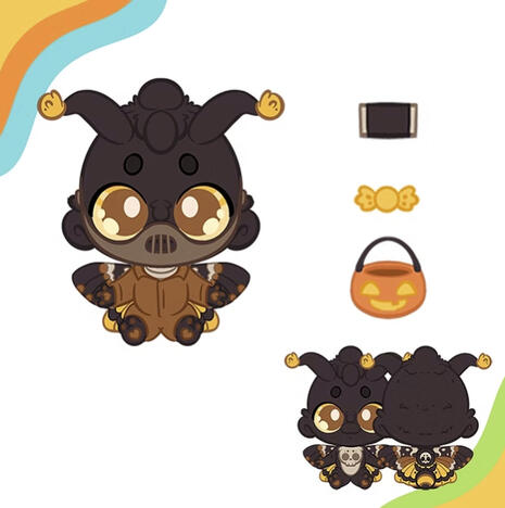Dottie Death's-Head Plushpanion Dottie Death's-Head Plushpanion: An illustration of a brown mothy plush. The main illustration shows their Halloween outfit which includes an orange jumpsuit and a mouth covering mask. Their plush props include yellow candy, a chocolate bar and a jack-O-la