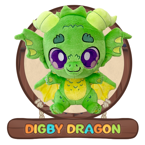 Plushpanions Series 3: Fabled Friends Image of Digby Dragon green plush in an illustrated wooden circle and hanging sign that says "Digby Dragon" in multi-colored font.